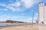 BNSF 7120 leads westbound stacks past the grain elevator at White Deer, TX